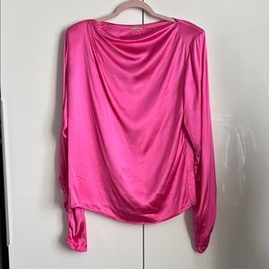 Vibrant Fuchsia Satin Effect Women's Blouse Ruched Arm, Size L